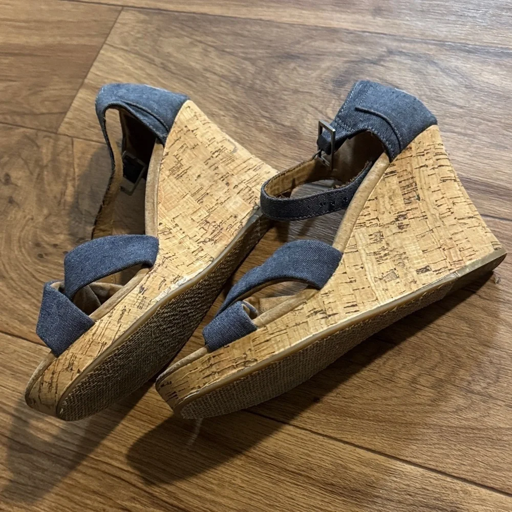 TOMS Charcoal Canvas Crisscross Ankle Strap Wedges